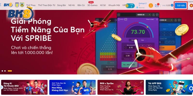 Bắt đầu thao tác hướng dẫn nạp tiền BK8 qua QR Pay với mục Gửi tiền